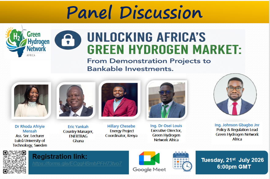 Poster for the Green Hydrogen Network Africa panel discussion titled "Unlocking Africa's Green Hydrogen Market: From Demonstration Projects to Bankable Investments" featuring five speakers, registration QR code, Google Meet, and event date.